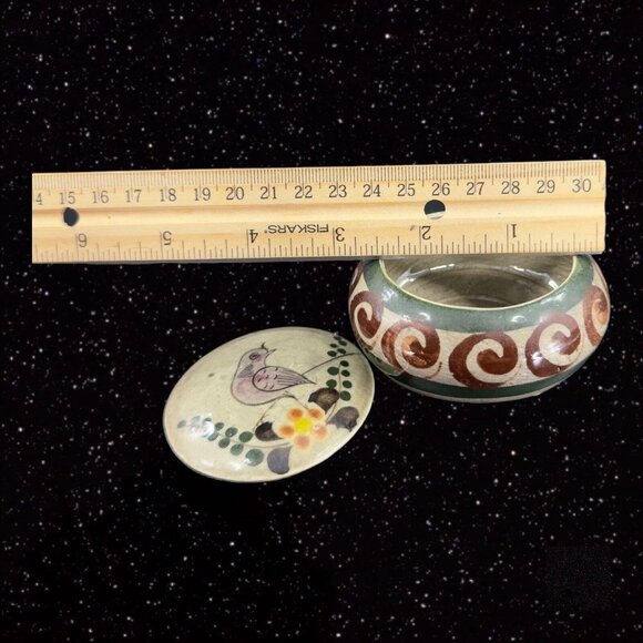 Hand Made Mexico Pottery Trinket Box W Lid Hand Painted Bird Jewelry Storage VTG - Picture 2 of 10